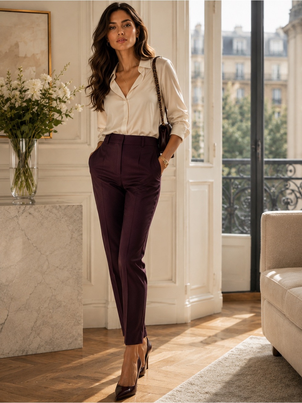 Piazza Sempione Audrey Pants IT 48 US 12 Plum Purple Italian Designer Trousers